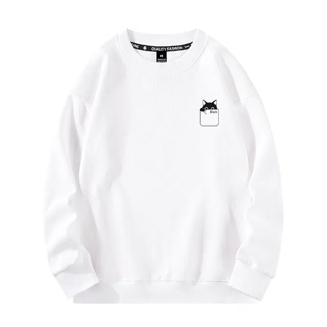 棉致 口袋黑猫纯色简约华夫格美式透气立体时尚柔软圆领休闲卫衣 男女同款