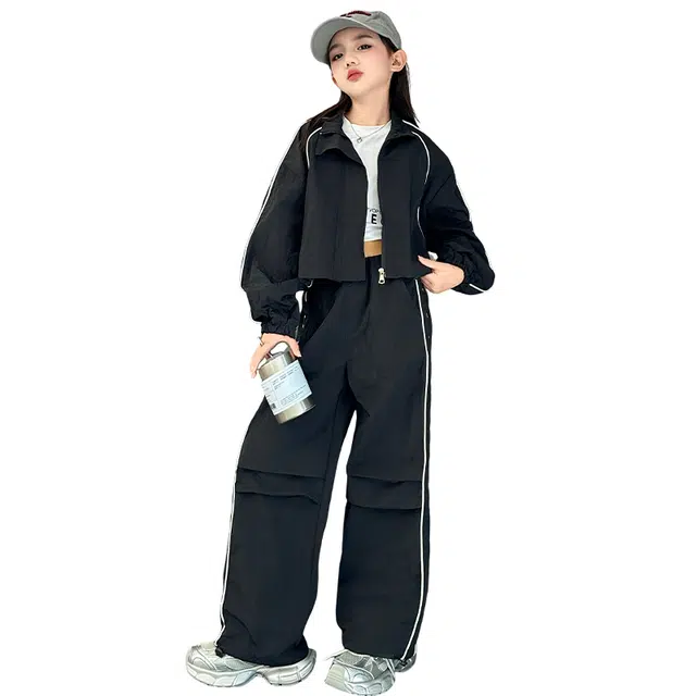 帕兰朵休闲运动套装 女童春秋款韩版拉链外套阔腿裤长裤裤两件套潮 青少年