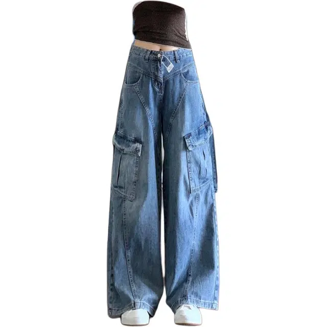 么宁 复古水洗重工拼接阔腿高腰拖地宽松工装裤子牛仔裤 女款
