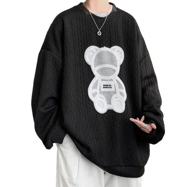 冈哉 纹理感小熊贴布纯色圆领设计美式学院风慵懒风高级感柔软舒适套头卫衣 男女同款
