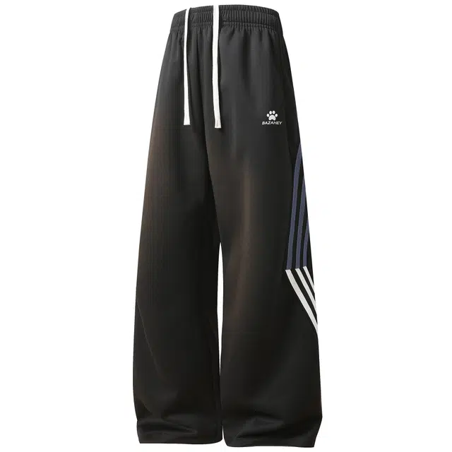 吾皇猫 原创美式复古高街简约基础款学院风经典三条杠直筒宽松早休闲裤子潮流潮牌长裤百搭时尚高级感春秋季 针织运动裤 男女同款