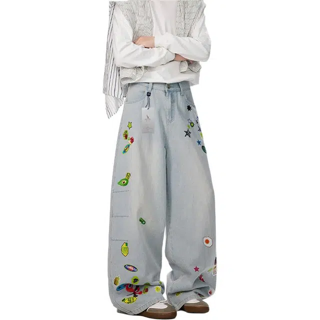 袋鼠 高个子加长版型长裤美式复古百搭基础款通勤阔腿裤高街水洗做旧弯刀牛仔裤 男女同款