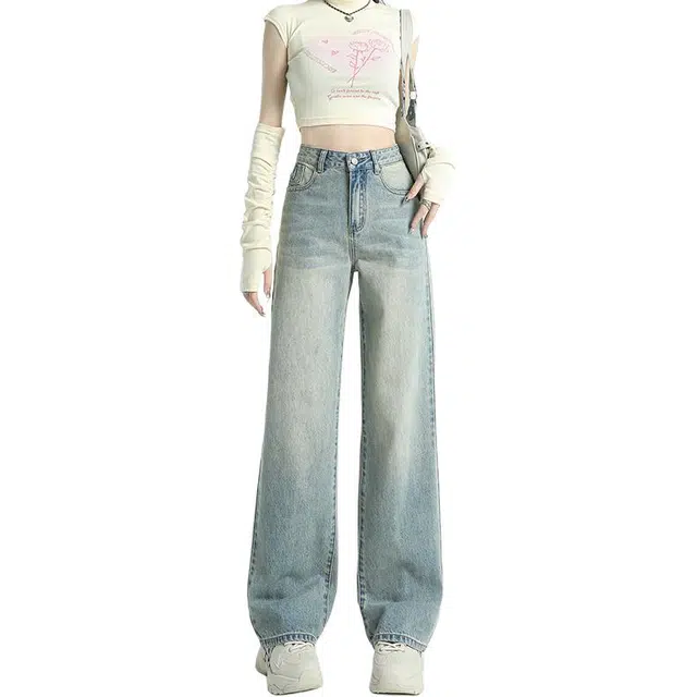 如续 美式水洗直筒裤宽松个性显瘦阔腿裤拖地牛仔裤 女款