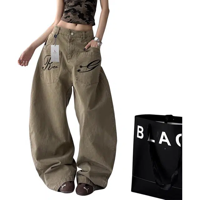 袋鼠 高个子加长版型长裤美式复古显瘦百搭基础款通勤阔腿裤高街字母刺绣弯刀小众反穿设计休闲牛仔裤 男女同款