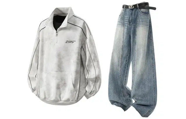 梓润格 美式复古脏脏灰扎染设计感高街潮流时尚百搭长袖上衣高级感水洗牛仔长裤弯刀裤卫衣套装 男女同款