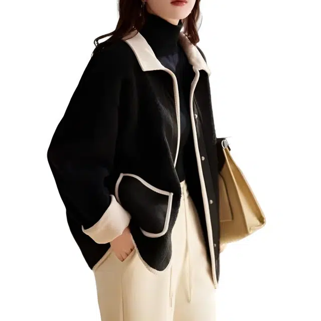 丝絮丝绸 秋冬款翻领撞色拼接加厚女时尚百搭保暖上衣截短外套 女款