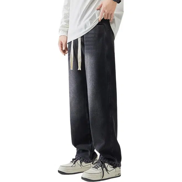 邦固依品 青少年男加绒加厚初中学生春秋款直筒裤宽松阔腿长裤男装牛仔裤 男款