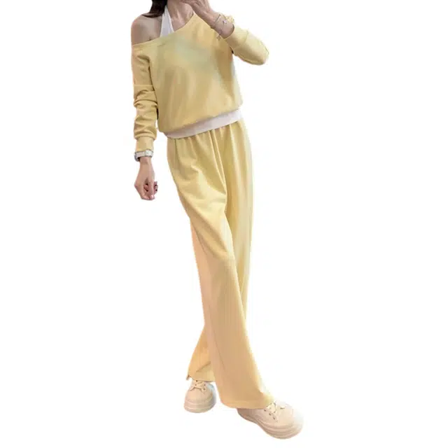 丝絮丝绸 减龄假两件露肩卫衣女秋季款超火阔腿裤两件套休闲套装 女款