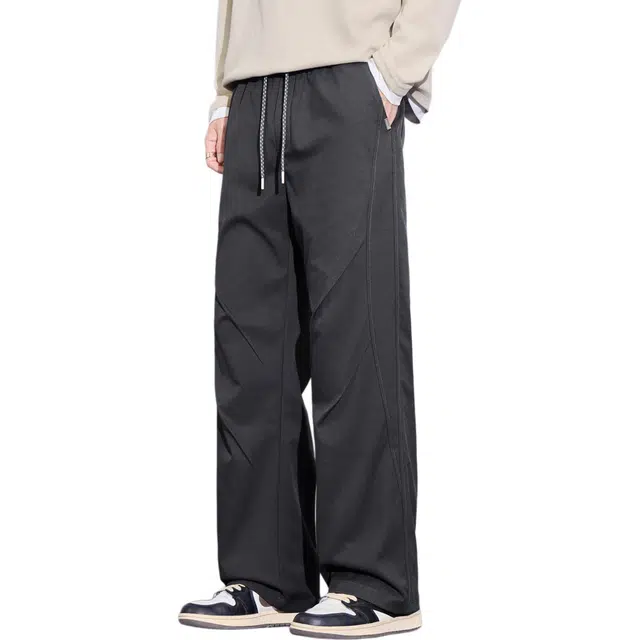 瑞梵帝斯 美式高街复古潮流简约纯色中腰抽绳宽松直筒微喇拖地高级感长裤子舒适亲肤百搭运动痞帅户外通勤时尚休闲裤 男款