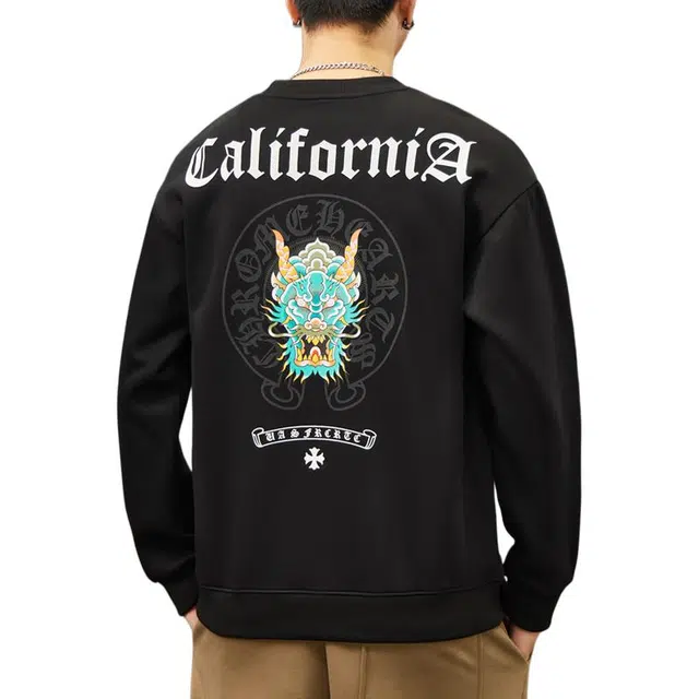 协协乐 国潮美式圆领套头重磅春秋季上衣打底衫长袖时尚个性印花宽松潮牌小众设计款卡通卫衣 男款