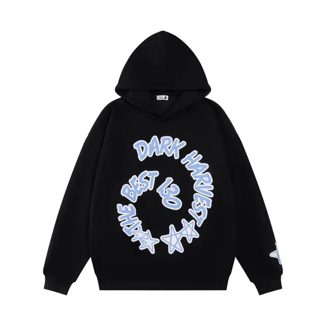 奇迹街区 美式旋涡复古发泡字母数字印花百搭舒适简约日常情侣高街小众嘻哈街头连帽套头卫衣 男女同款