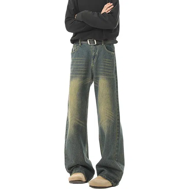 海尔斯 美式休闲宽松直筒做旧拉链牛仔裤 男款