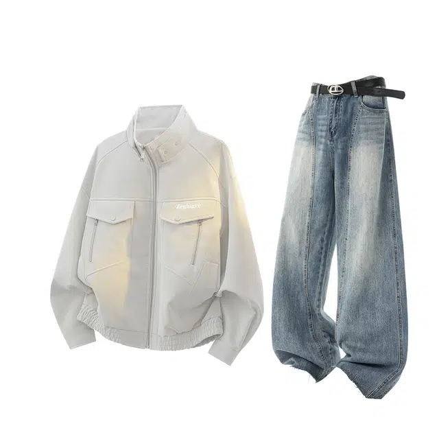 Zirunge Vintage Tie-Dye Leather Jacket Cleanfit Set