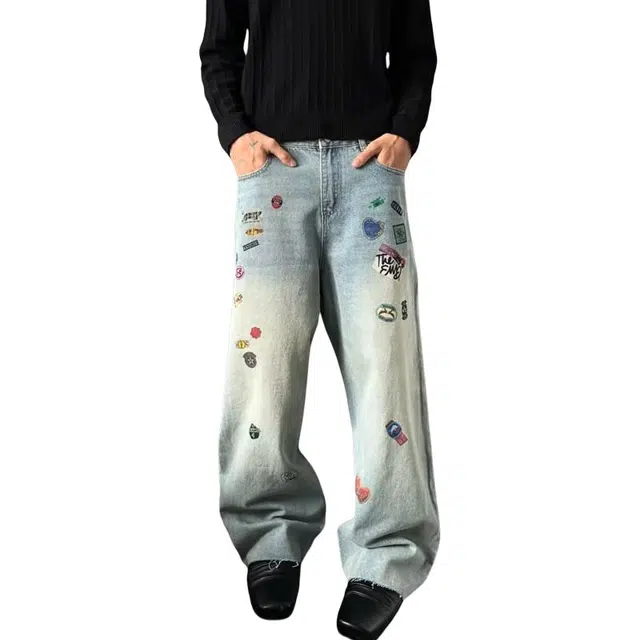 华夏儿女 日系复古刺绣阔腿秋季款身材显瘦宽松拖地裤牛仔裤 男女同款