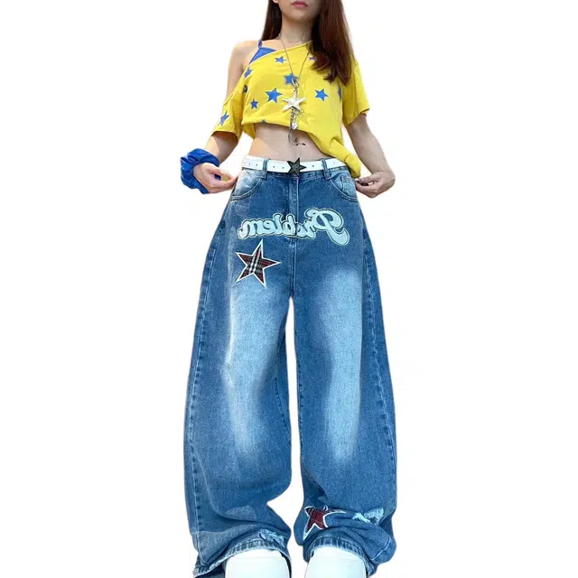 如续 美式设计感小众贴布字母星星弯刀女阔腿宽松拖地长裤子牛仔裤 女款