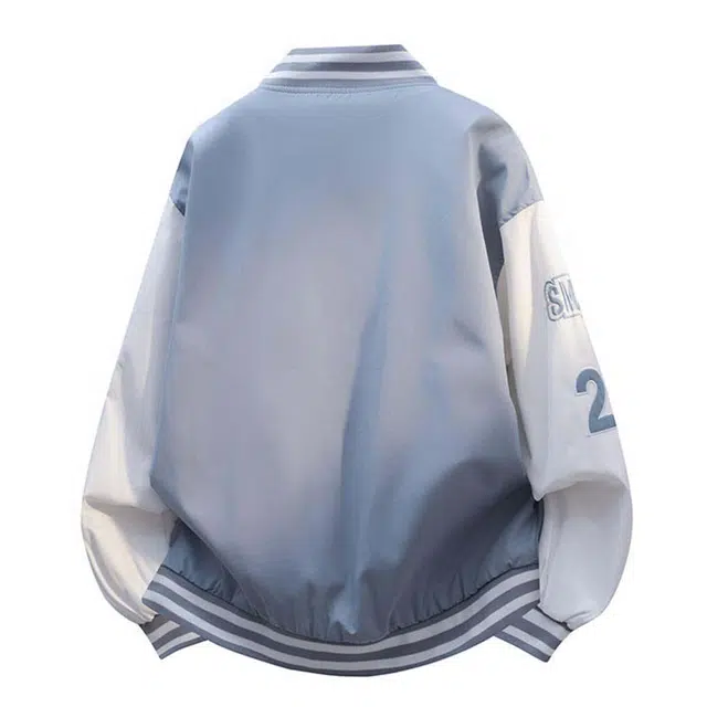 艾梵斯贝 美式复古潮流印花毛巾刺绣撞色长袖无性别主义单排扣落肩棒球服飞行员学院风设计感潮酷高街风情侣款夹克 男女同款