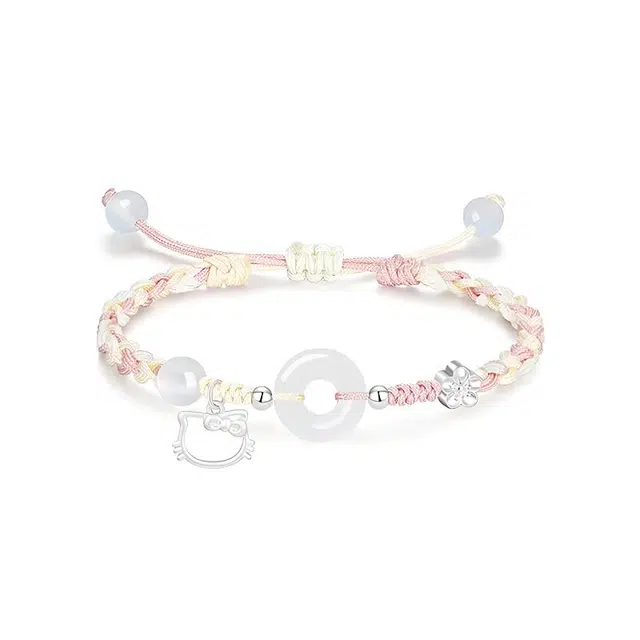 【足银999|招财猫咪】 岁月静好 萌趣灵动小猫卡通招桃花小众高级好运手饰约会惊喜甜蜜饰爱平安扣纳福一对可调节 琉璃 手绳 男女同款情侣款