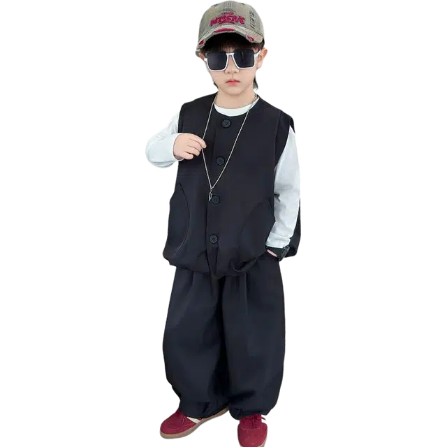 帕兰朵休闲运动套装 春秋季 时尚潮酷纯色马甲亲肤舒适柔软打底衫宽松百搭阔腿裤三件套 中小童