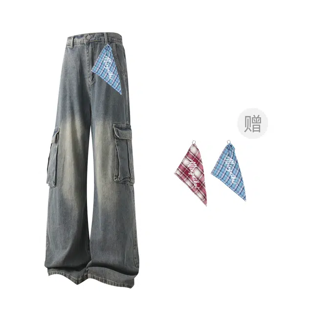 明尼凯 美式高街潮牌复古重工水洗做旧日渐变废土风工装口袋显高显瘦潮流百搭慵懒休闲帅气日常通勤宽松垂感直筒牛仔裤 男女同款