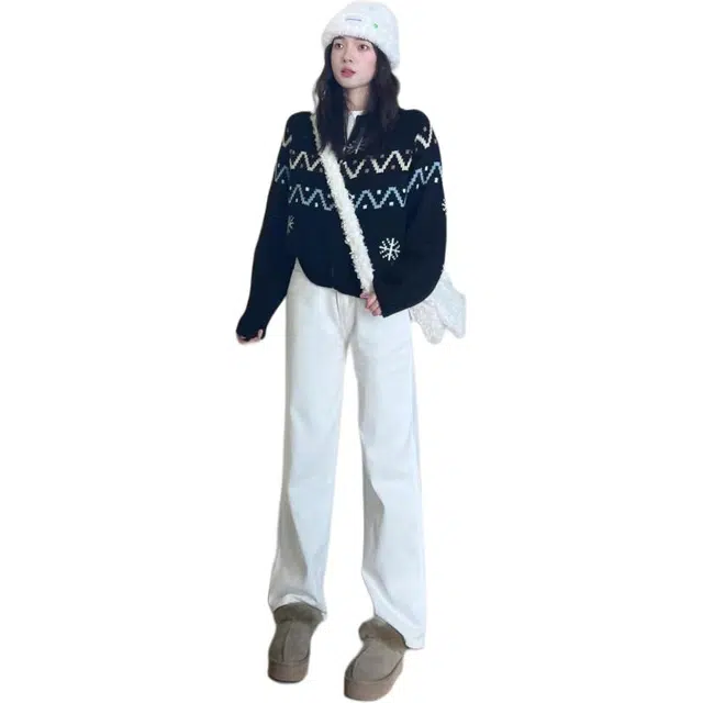 黛尔佳人 日系费尔岛雪花毛衣开衫女深秋初冬季氛围感穿搭针织外套休闲套装 女款