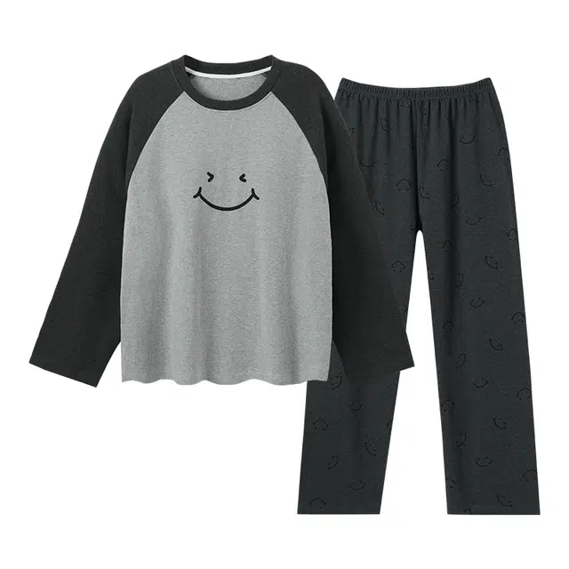 俏佳人 带胸垫圆领套头拼色笑脸表情休闲宽松家居服舒适透气长袖长裤可外穿睡衣套装 女款