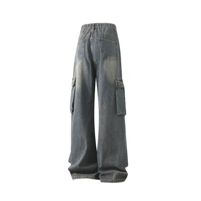 明尼凯 美式高街潮牌复古重工水洗做旧日渐变废土风工装口袋显高显瘦潮流百搭慵懒休闲帅气日常通勤宽松垂感直筒牛仔裤 男女同款