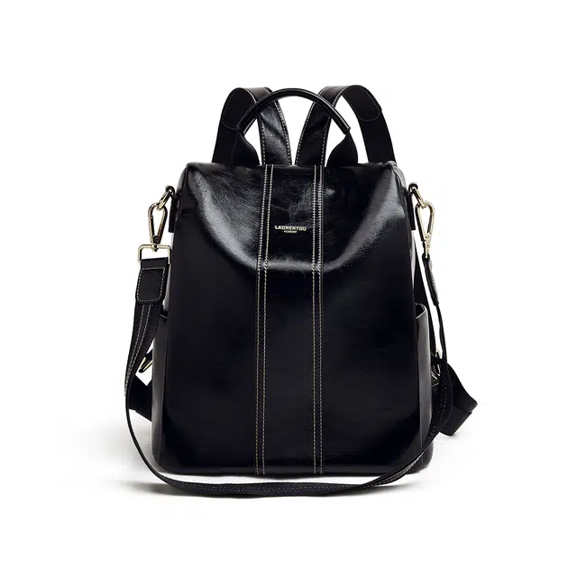 老人头 复古时尚潮流大容量百搭通勤 皮料 双肩包 常规 女款 黑色