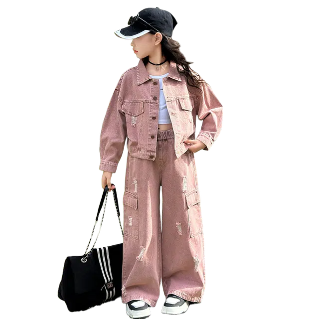 帕兰朵休闲运动套装 女童破洞牛仔外套工装裤春秋洋气时尚童装中大童两件套 青少年