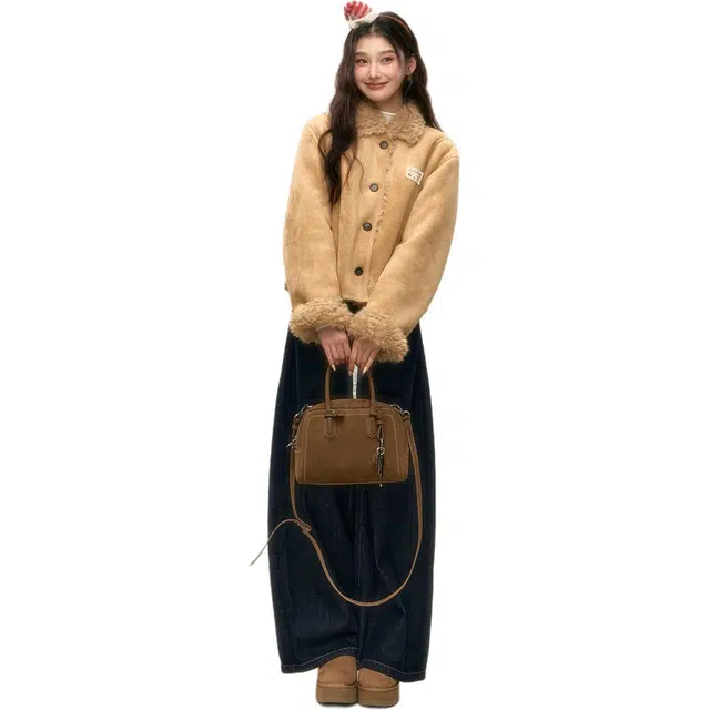 邓大喵 秋冬皮毛一体女韩系通勤麂皮绒保暖加厚短款上衣外套 女款