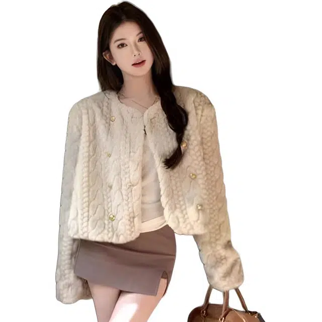 邓大喵 韩系香风加厚外套短款冬季仿毛毛宽松上衣皮草 女款