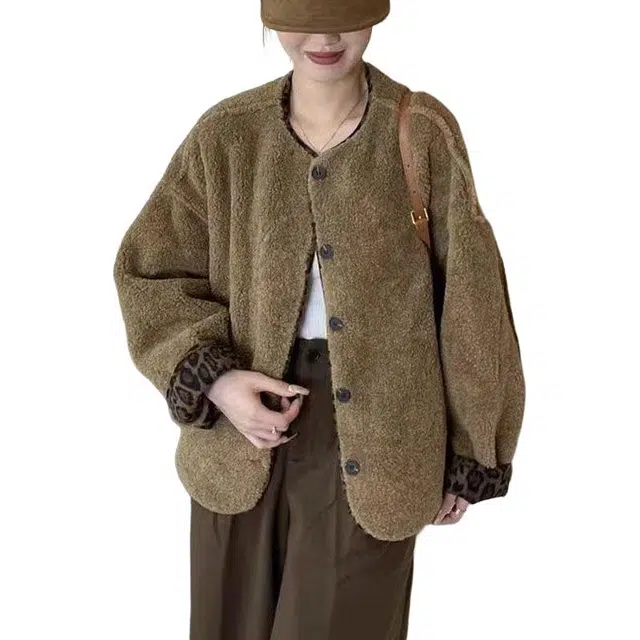 邓大喵 短款外套春秋羊羔绒女豹纹圆领皮毛一体开衫宽松上衣皮草 女款