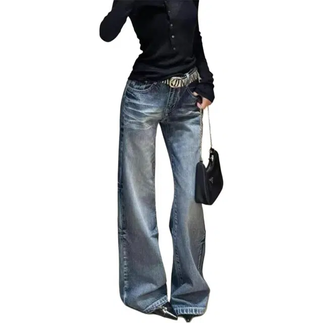 如续 复古低腰阔腿微喇女春秋水洗宽松不贴腿拖地裤子牛仔裤 女款