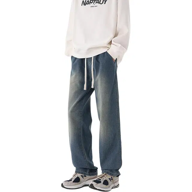 左岸 少年港风时尚潮流宽松舒适休闲直筒阔腿裤显高显瘦系带长裤水洗牛仔裤 男款