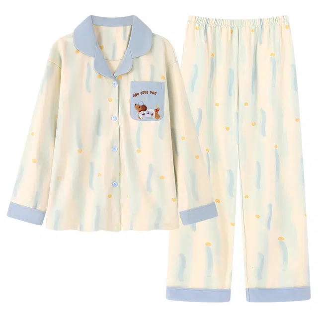 俏霓桐 秋冬季可爱卡通甜美双口袋德绒蓄温保暖清新翻领开衫长袖长裤家居服可外穿睡衣套装 女款