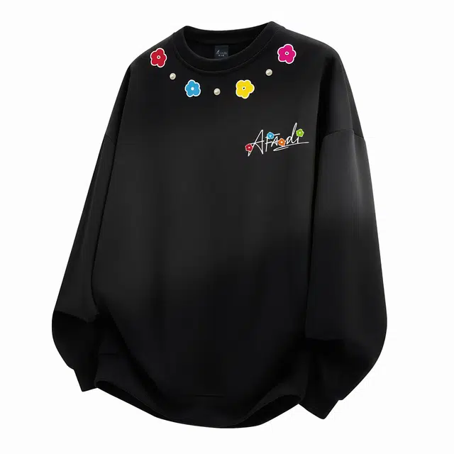 阿凡迪 重工立体珍珠钉珠美式高街复古简约花朵花体签名品牌字母印花宽松舒适休闲百搭时尚潮流通勤无性别主义长袖圆领卫衣 男女同款
