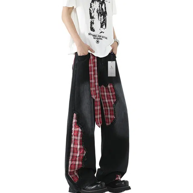 袋鼠 高个子加长版型长裤美式复古显瘦百搭基础款通勤阔腿裤高街格子腰带破坏拼接牛仔裤 男女同款