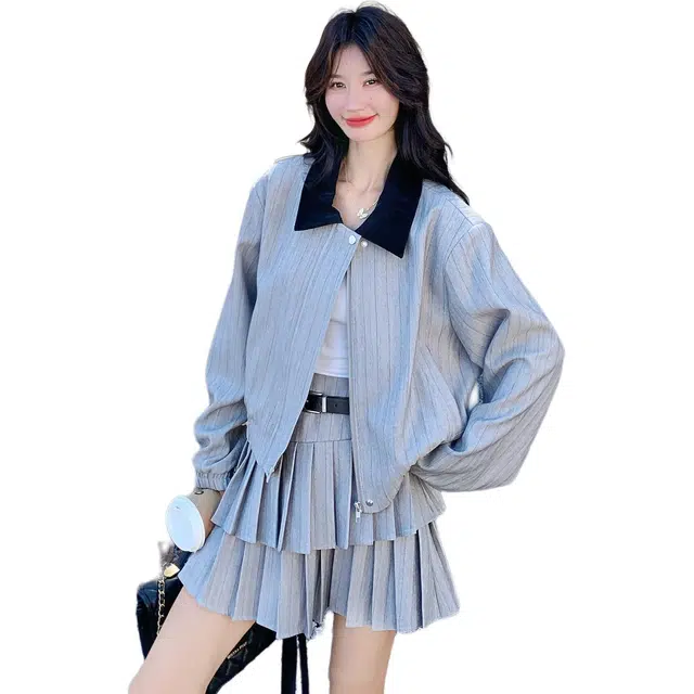 稻草人 设计感翻领撞色夹克外套百褶半身短裙两件套时尚穿搭裙装套装 女款