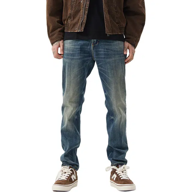 逆腾 秋季复古长裤男潮牌美式修身弹力裤子男士基础款直筒小脚牛仔裤 男款