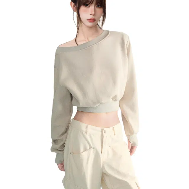 柏黛妃 斜肩露肩短款长袖卫衣美式辣妹宽松收腰上衣 男女同款