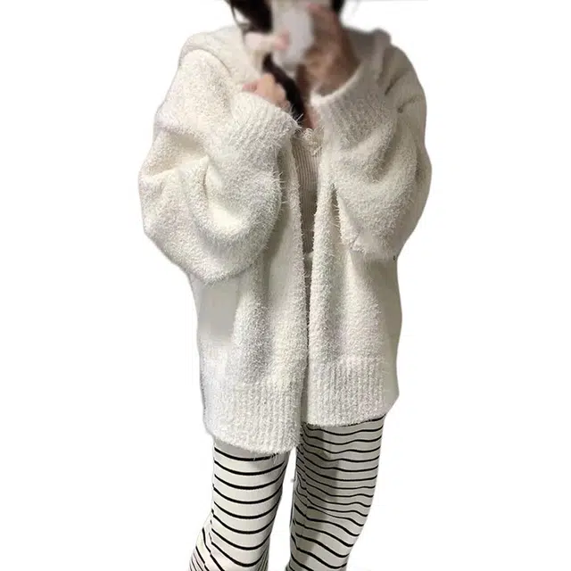 敲模女孩 法式慵懒风连帽开衫女韩系氛围感穿搭宽松外套针织衫 女款