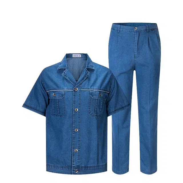 邦固依品 夏季短袖牛仔工作服男薄款电工国家电网工厂劳保服休闲运动套装 男女同款