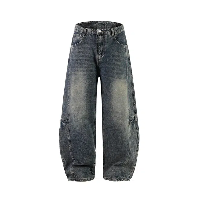 洋气先生 美式高街复古潮流百搭学院风宽松阔腿褶皱设计感长裤柔软亲肤吸湿排汗日常通勤休闲个性穿搭弯刀拖地牛仔裤 男女同款