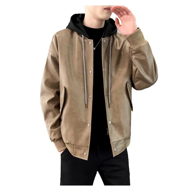 太子龍 美式潮流百搭加绒加厚高级感潮牌痞帅连帽假两件机车服外衣皮衣 男款