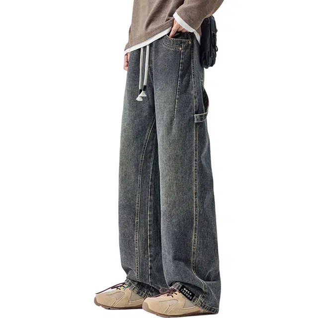 水洗做旧线条拼接设计赫赫良衣 美式复古痞帅高街少年感扎染长裤子休闲宽松百搭舒适运动显高显瘦小众高级感学院风韩系潮牌牛仔裤 男女同款