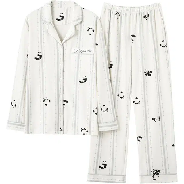 俏霓桐 秋冬季可爱卡通甜美条纹纯棉亲肤简约休闲翻领长袖长裤家居服可外穿睡衣套装 女款