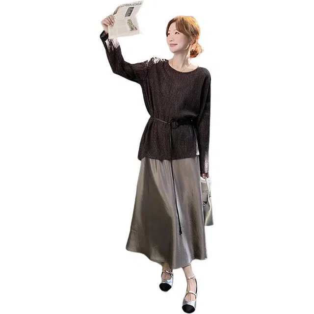 稻草人 优雅简约气质休闲百搭舒适针织上衣吊带半裙两件套装 女款