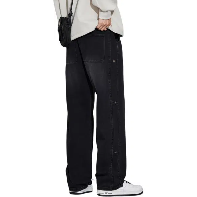 协协乐 高街机能风春秋季美式复古做旧水洗潮牌宽松直筒阔腿拖地裤青少年百搭痞帅休闲运动长裤牛仔裤 男款