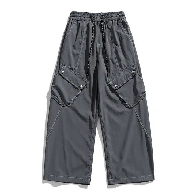 洋气先生 美式潮牌高街复古无性别主义系带中腰长裤子时尚潮流口袋工装弯刀日常户外通勤舒适显高显瘦阔腿简约百搭休闲裤 男女同款