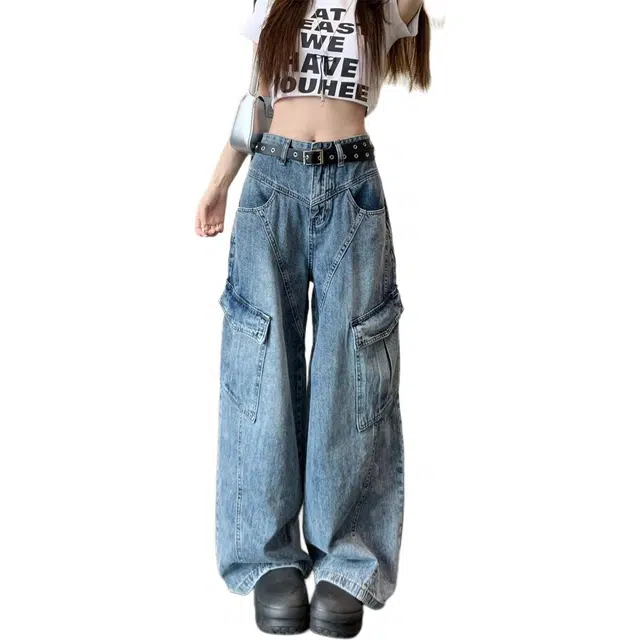 么宁 复古水洗重工拼接阔腿高腰拖地宽松工装长裤牛仔裤 女款