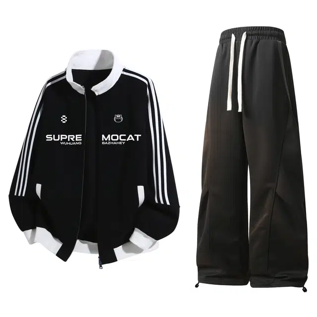 吾皇猫 学院风美式复古三条杠条纹设计春秋潮流基础款字母印花舒适透气简约百搭时尚拼色开衫卫衣外套直筒长裤秋季休闲运动套装 男女同款